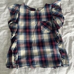 Harper plaid sleeveless top with side ruffles and button up back